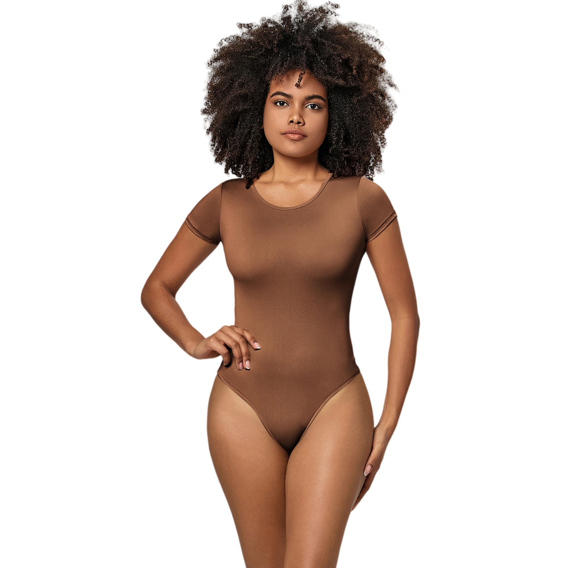 Womens Seamless Short Sleeve Bodysuit - Round Neck Thong Body Shaper